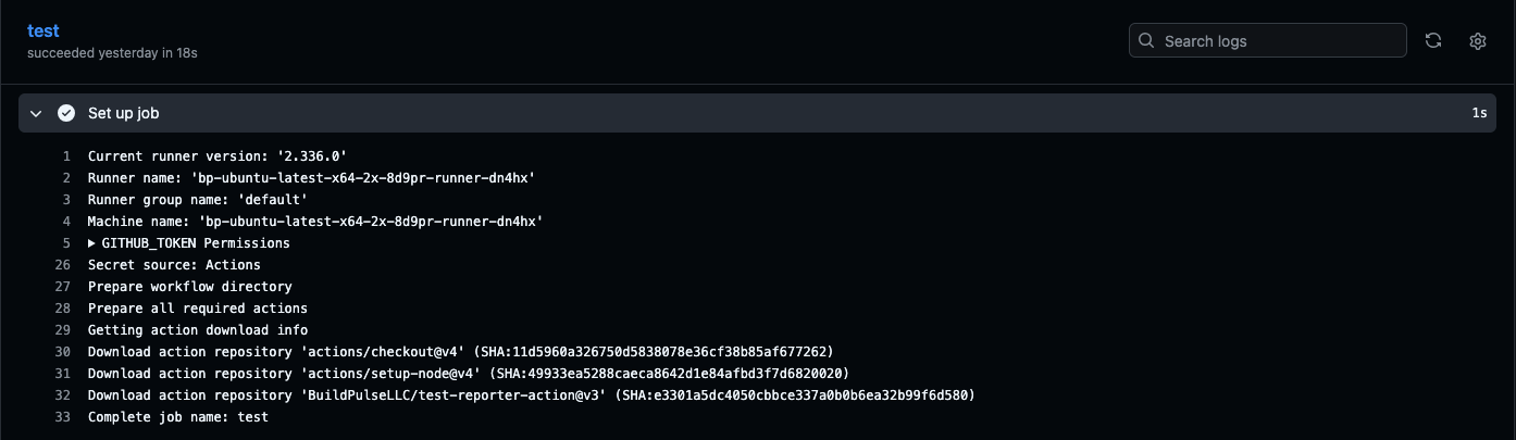 A GitHub Actions run showing the Set up job step picked up by a bp-ubuntu-latest-x64-2x BuildPulse runner